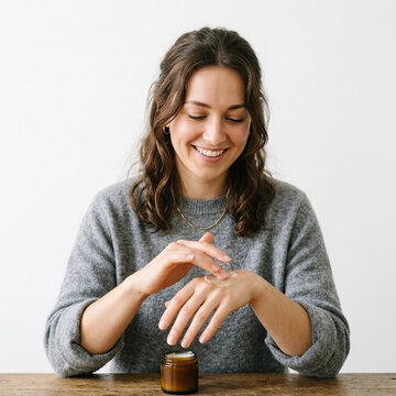 Young woman applying cosmetic cream to her hand skincare routine natural beauty wellness concept