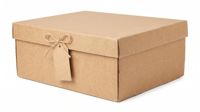 Cardboard storage box with twine bow and tag storing family keepsakes and ornaments for holiday archiving and seasonal organization in a clean studio setting.