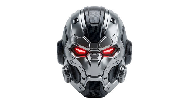 Metallic robot helmet with glowing red eyes with eyes detailed mechanical on transparent background