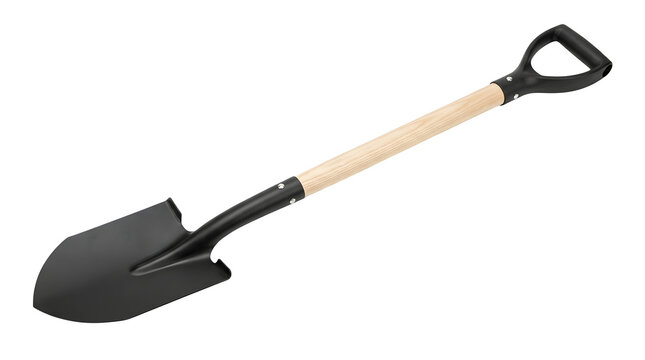 Shovel with wooden handle and black metal blade with garden spade wooden on transparent background