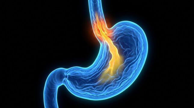 3D medical cross-section illustration of the stomach showing gastric acid reflux moving up into the esophagus, causing GERD, heartburn, and stomach lining inflammation.   