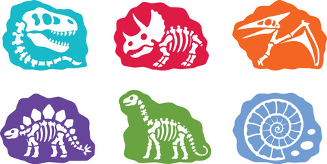 Set of colorful dinosaur fossil skeletons and ancient ammonite shell vector icons © Simu Store