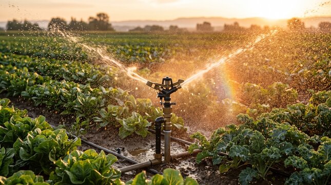 Agricultural sprinkler watering green vegetable crops at sunset in farm