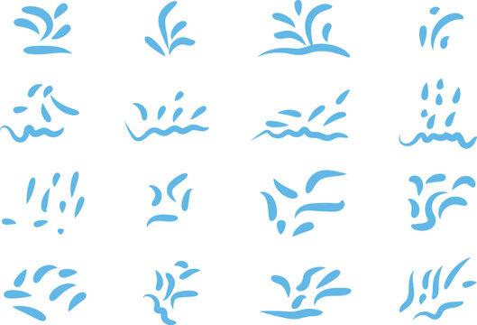 Blue Water Splash Icon Set Featuring Liquid Drops and Waves in Flat Vector Style