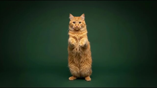 Orange tabby cat dancing upright on its hind legs with raised paws, a seamless funny pet loop for memes and entertainment content