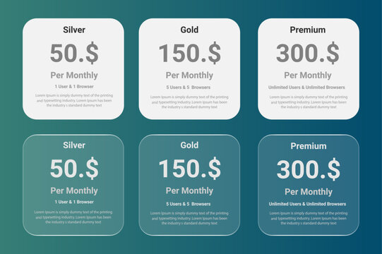Silver Gold and Premium Monthly Pricing Plans Comparison Cards