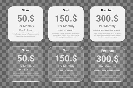 Silver Gold and Premium Monthly Pricing Plans Comparison Cards