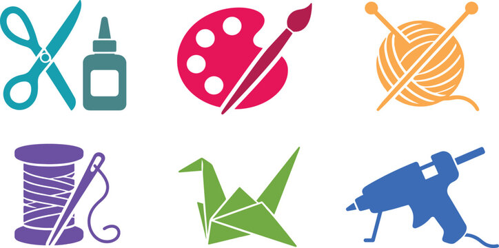 Set of colorful craft icons including scissors glue paint palette and knitting supplies