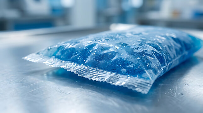 Frozen gel ice pack on a stainless steel surface with condensation