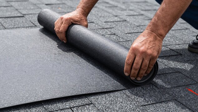 Construction worker unrolling a waterproof membrane onto a shingled roof