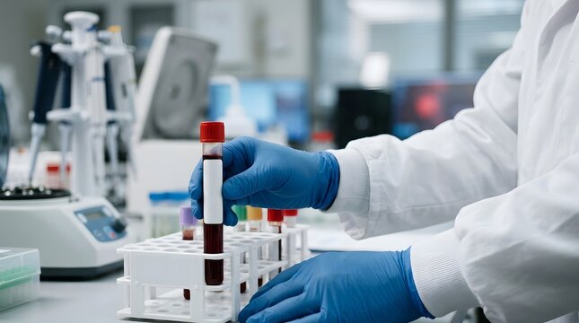 Scientist analyzing blood samples in a modern laboratory setting for research