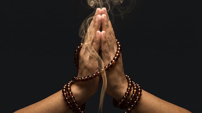 Hands in prayer namaste pose wearing wooden mala beads with incense smoke on a dark background, spirituality