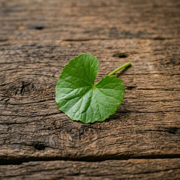 Single Green Gotu Kola Leaf on Rustic Wooden Surface Ayurveda Herb Natural Ingredient Centella Asiatica Close up