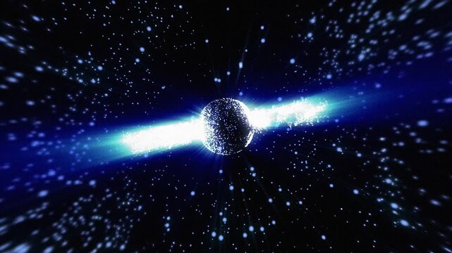 Bright futuristic energy orb exploding in dark space with shining stardust. Great for astronomy, science and magic themes.