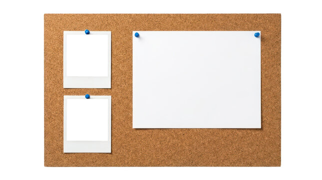Corkboard with blank paper notes pinned by pushpins, cork bulletin board mockup with empty memo sheets for office messages, school announcements and creative brainstorming isolated on