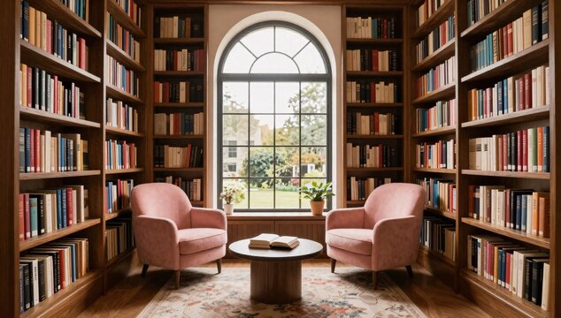Cozy library interior with plush chairs and abundant bookshelves filled with books