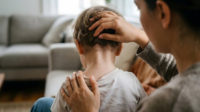 Loving father tenderly kisses his young child on the head at home