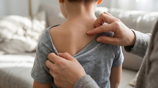 Mother applying sunscreen to her young child's back at home