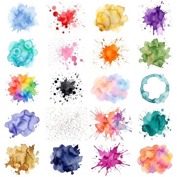 Vibrant watercolor paint splatters and abstract brush strokes for creative designs and digital illustrations