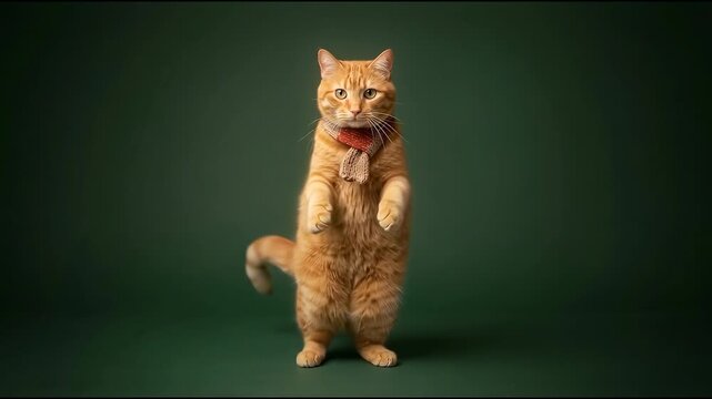 Orange tabby cat dancing upright on its hind legs with raised paws, a seamless funny pet loop for memes and entertainment content