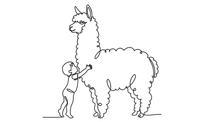 Fototapeta premium cute people and animal funny creatures one line art vector editable new design 2026 Child petting a fluffy alpaca with long fur Vector, illustration