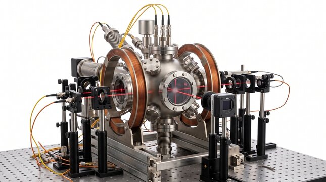 Laser cooling system apparatus Magneto-optical trap apparatus with laser beams aligned on an optical breadboard in a physics laboratory setup.