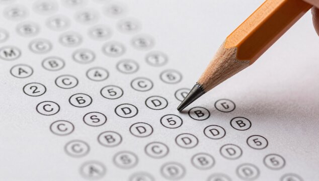 Close-up of a pencil marking an answer on a multiple choice test sheet