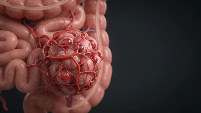 Colon Tumor Growth - Blood Vessel Development and Angiogenesis in Digestive System - Medical 3D Animation Footage