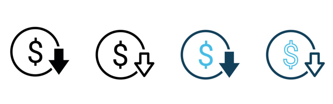 Dollar cost reduction vector icons, price drop arrow and financial discount symbol set for business management