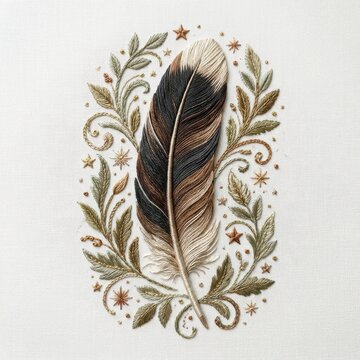 Decorative bird feather illustration with leaves and stars