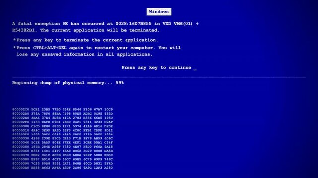 Procedural 4K motion graphics of a classic 90s Blue Screen of Death (BSOD), featuring an authentic fatal exception error, rapid scrolling hex memory dump, and a hard reboot to a blinking cursor.