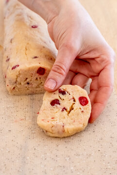 Pastry preparation. Homemade recipe. Female chef hand holding biscotti roll log dough piece with red berry on kitchen baking sheet.