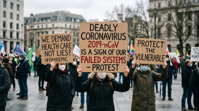 Protesters Hold Signs Against Coronavirus Pandemic and Demanding Healthcare Reform in City Square