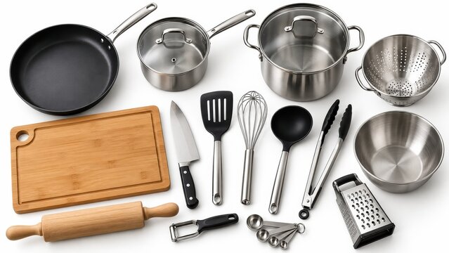 A collection of essential stainless steel and wooden kitchen tools including pots, pans, knives, utensils, and measuring spoons arranged neatly on a white background.