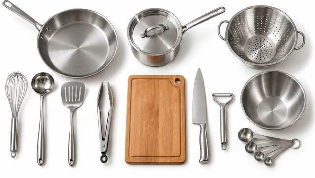 Stainless steel cookware and utensils set including pans, knives, tongs, measuring spoons, and a wooden cutting board arranged on white background.