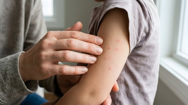 Close up of a child's arm showing a recent vaccination injection site