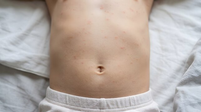 Close up of a young childs stomach with a slight rash on pale skin