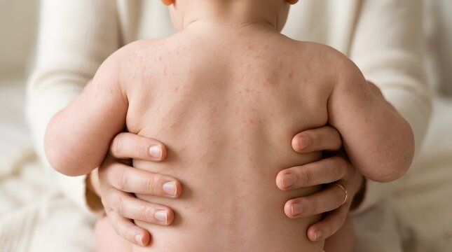 Close up of a parent's hands gently holding a newborn baby's back