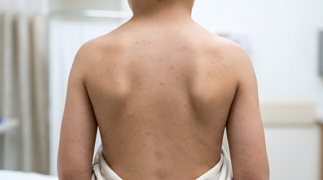 Young boy's bare back showing slight curvature of the spine during medical exam