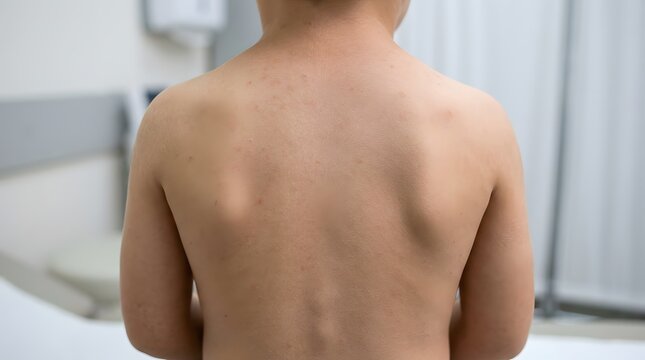 Childs back showing slight scoliosis curvature viewed from behind in a clinic