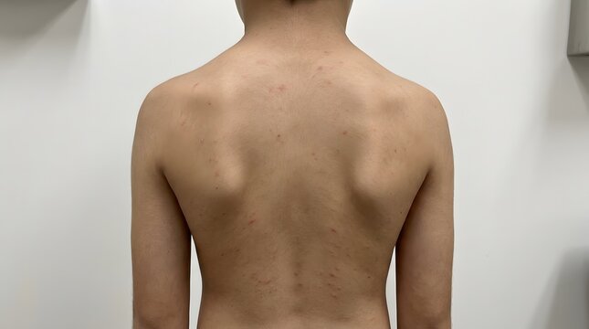 Back view of a young male displaying scoliosis spinal curvature medical condition