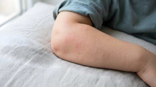 Injured childs knee with a visible bruise and denim clothing nearby