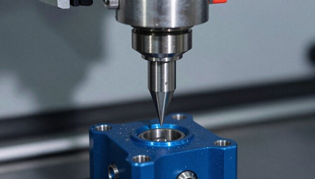 Close-up of a cnc milling machine spindle working on a blue metal component