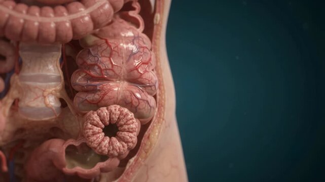 Human Colon and Rupturing Abscess - Medical Animation showing Inflammation and Internal Fluid Leakage - 3D Rendered Healthcare Footage