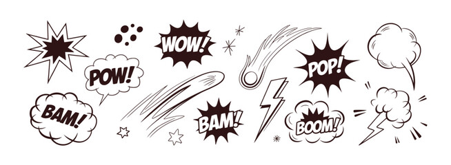 Comic cartoon line splash set, hand drawn explosion effects and pop art burst icons with boom wow expressions for illustration design. © Liton Rahman