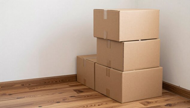 Stack of cardboard boxes in the corner of a room with wooden floor