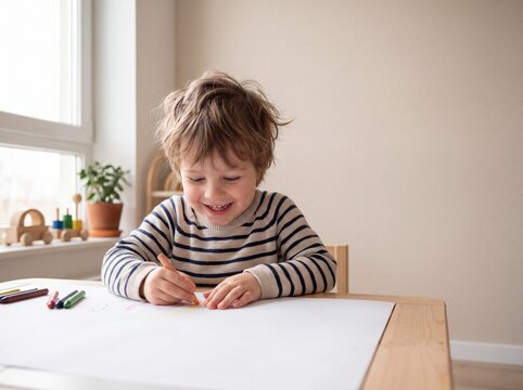 Child drawing with crayons at a wooden table in a bright room