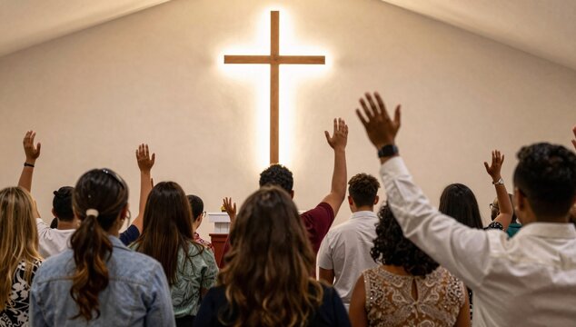 Diverse group of people with hands raised in worship inside a church in front of a glowing cross