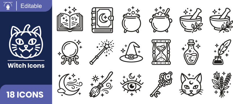 Set of 18 witchcraft and magic flat icons