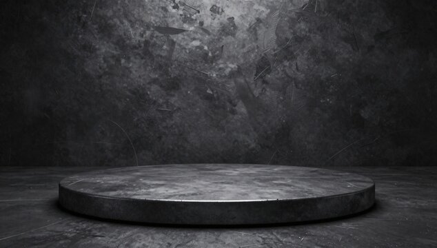 Dark concrete circular stage and textured wall background